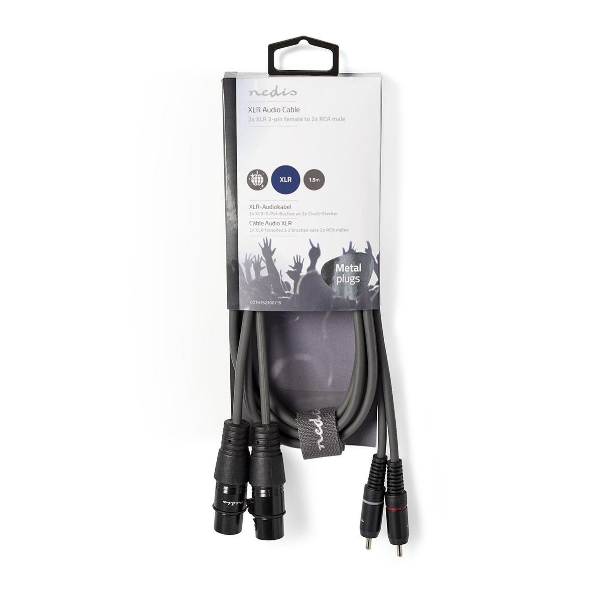 Balanced audio cable | 2x XLR 3-Pin Female | 2x RCA Male | Nickel Plated | 1.50 m | Round | PVC | Dark gray | Cardboard sleeve