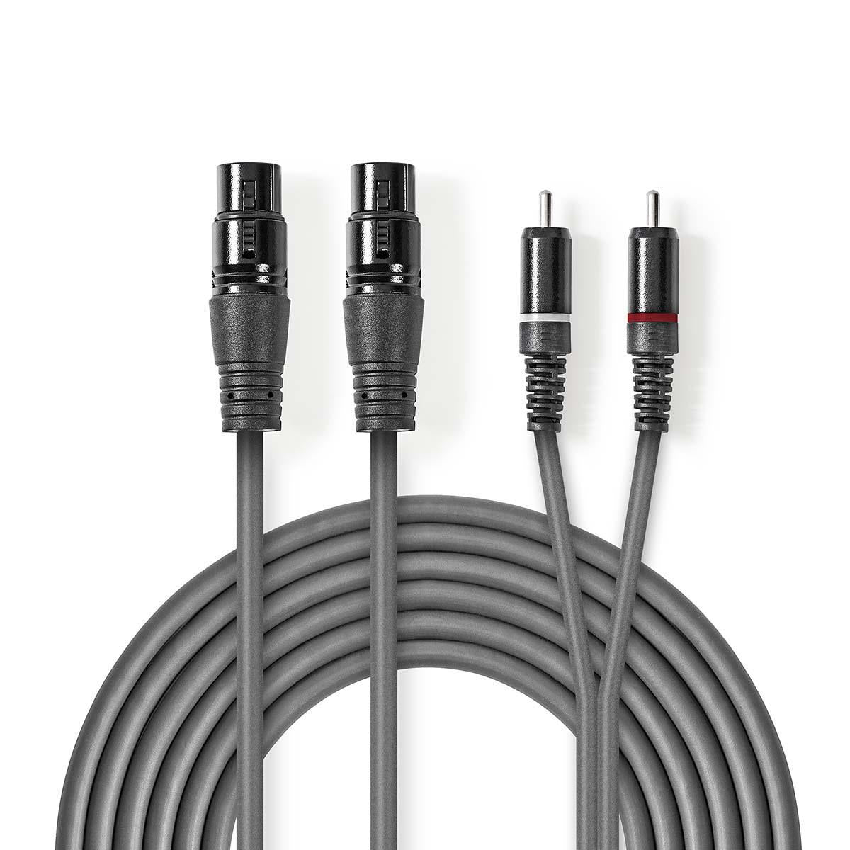 Balanced audio cable | 2x XLR 3-Pin Female | 2x RCA Male | Nickel Plated | 3.00 m | Round | PVC | Dark gray | Cardboard sleeve