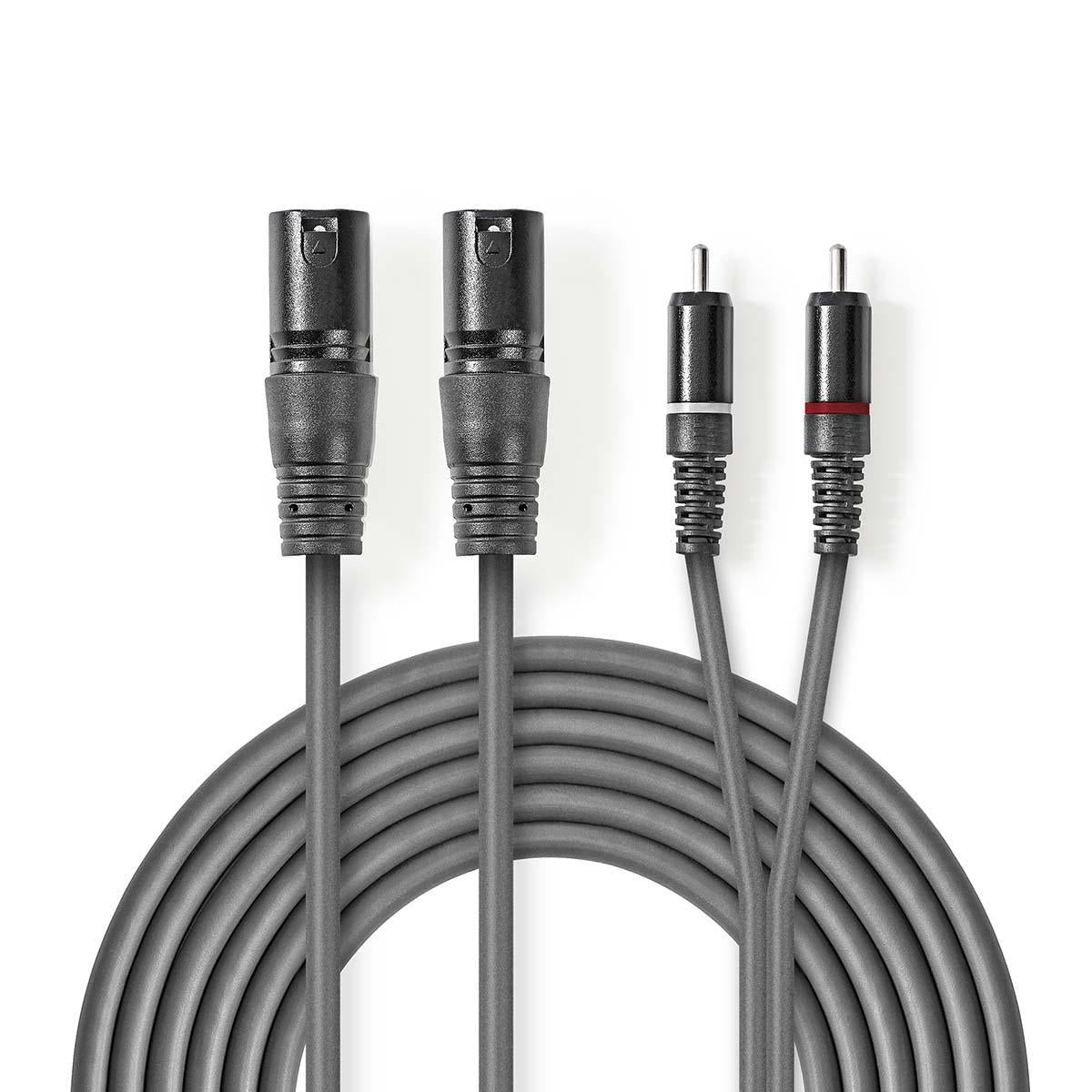 Balanced audio cable | 2x XLR 3-Pin Male | 2x RCA Male | Nickel Plated | 3.00 m | Round | PVC | Dark gray | Cardboard sleeve