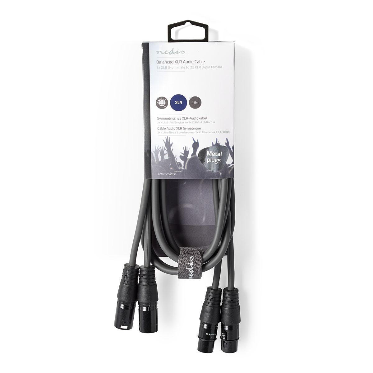 Balanced audio cable | 2x XLR 3-Pin Male | 2x XLR 3-Pin Female | Nickel Plated | 1.50 m | Round | PVC | Dark gray | Cardboard sleeve