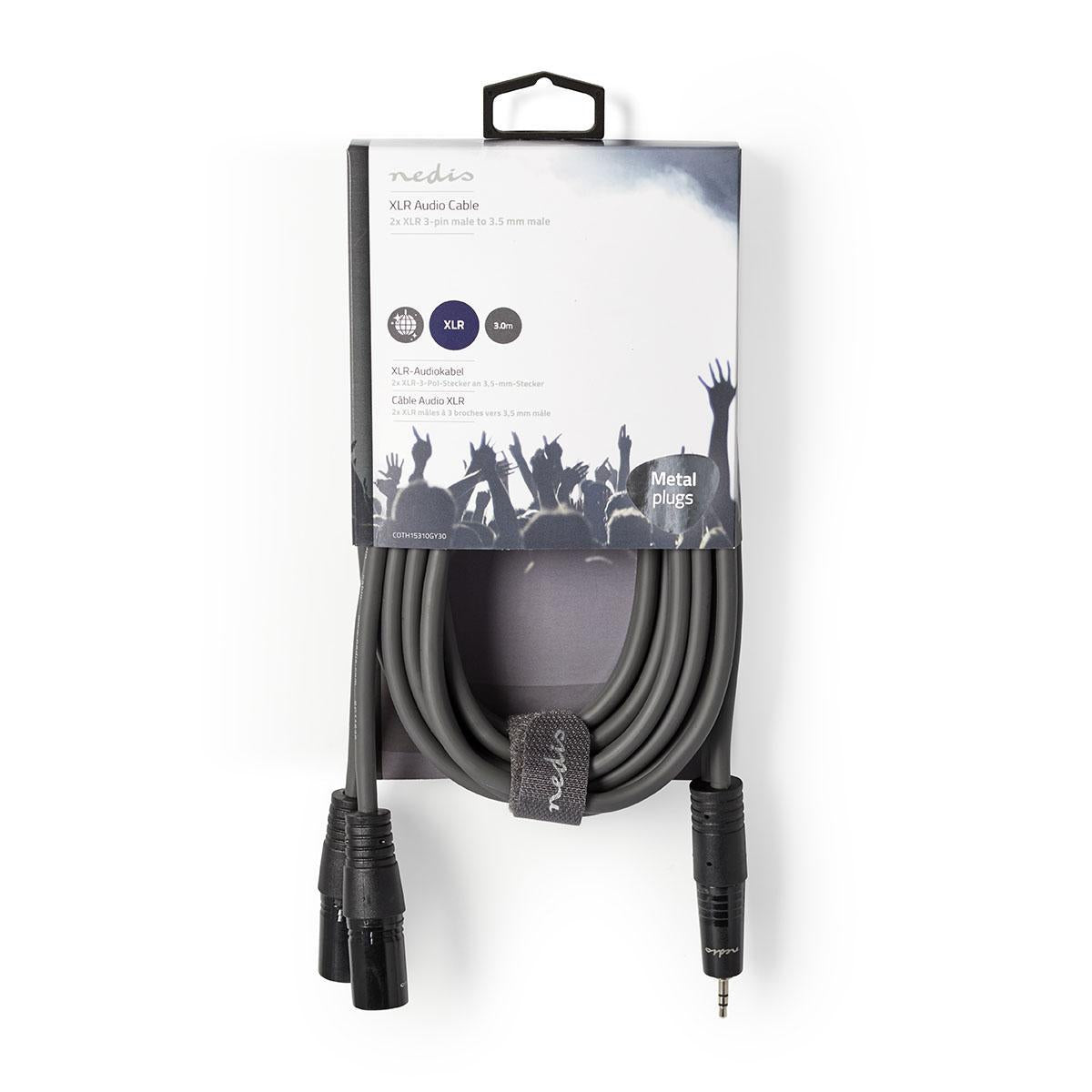 Balanced audio cable | 2x XLR 3-Pin Male | 3.5 mm Male | Nickel Plated | 3.00 m | Round | PVC | Dark gray | Cardboard sleeve