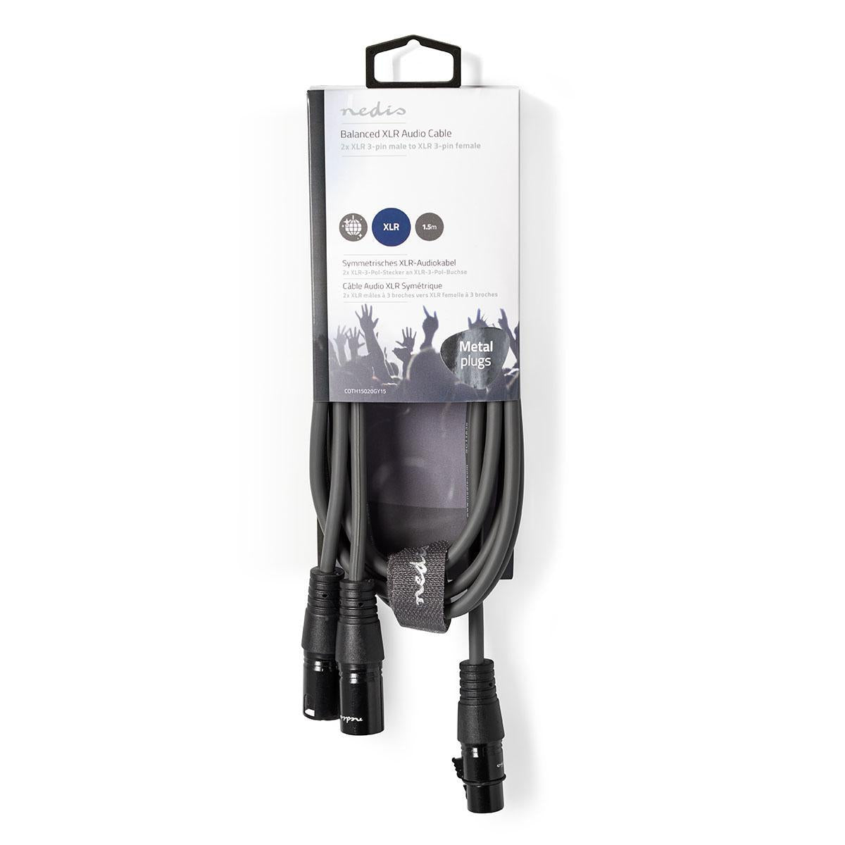 Balanced audio cable | 2x XLR 3-Pin Male | XLR 3-pin female | Nickel Plated | 1.50 m | Round | PVC | Dark gray | Cardboard sleeve