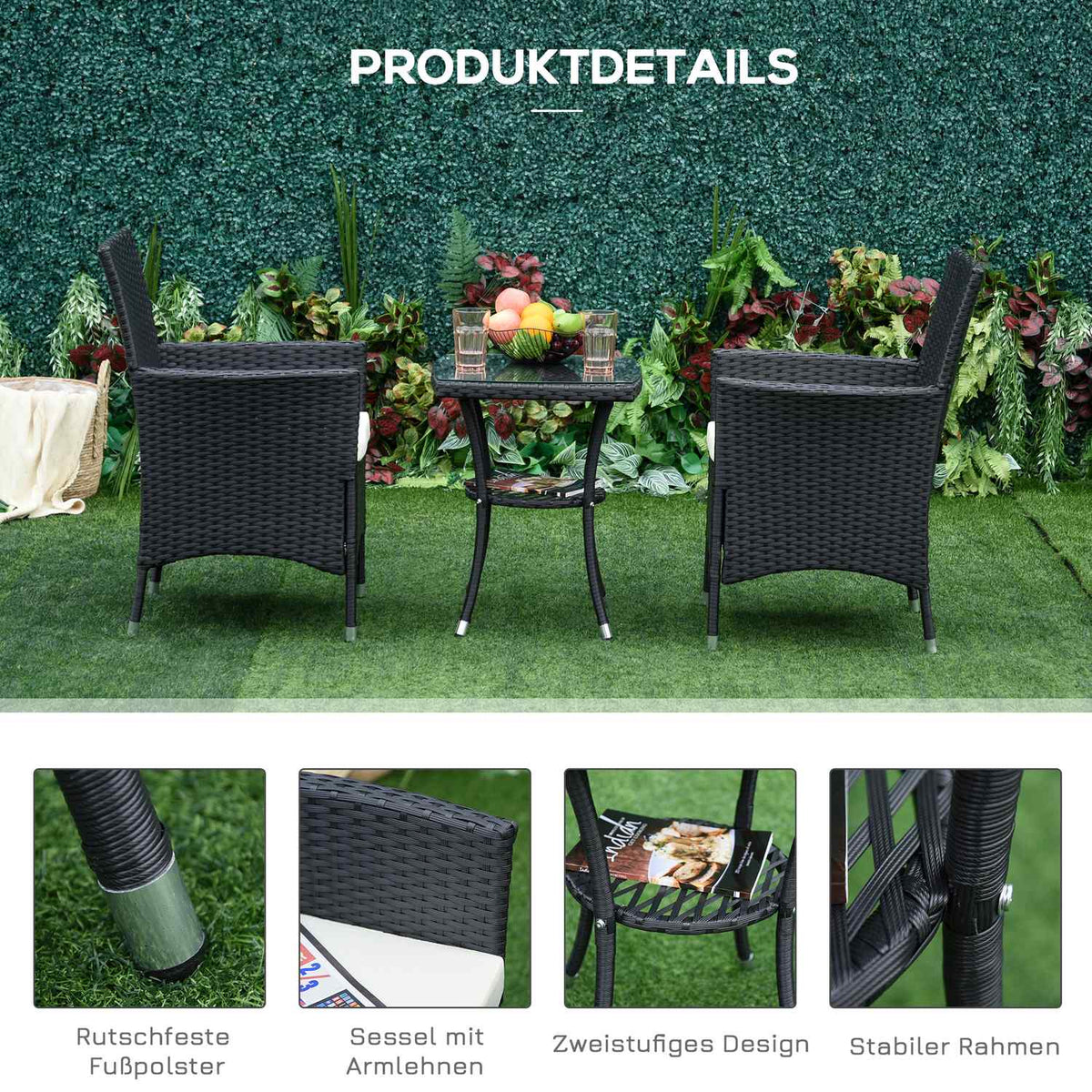 Balcony Furniture Seating Group 2 People Polyrattan Garden Set Black