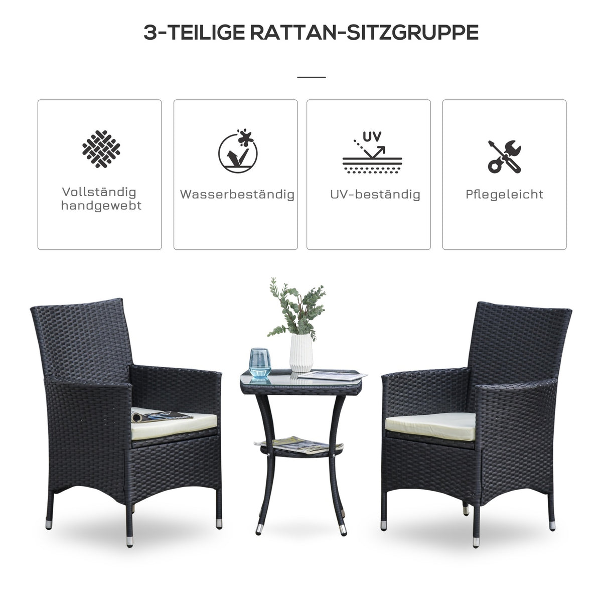 Balcony Furniture Seating Group 2 People Polyrattan Garden Set Black