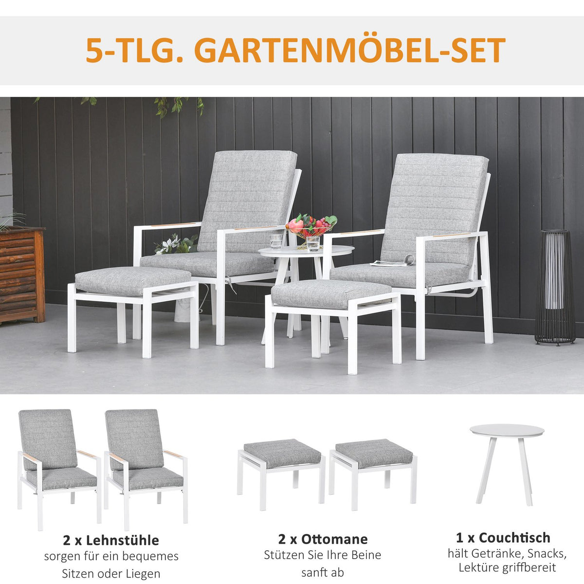 Balcony Furniture Set 4 People Adjustable Aluminum Grey+White 61X82X90Cm