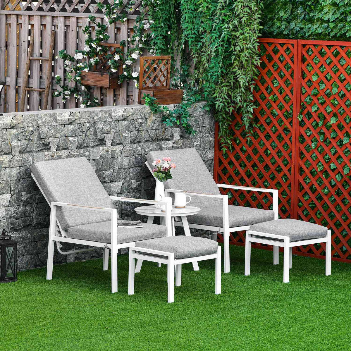 Balcony Furniture Set 4 People Adjustable Aluminum Grey+White 61X82X90Cm