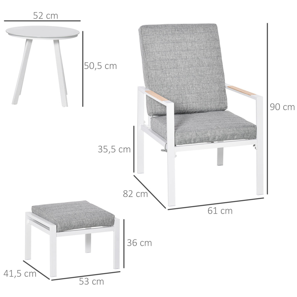 Balcony Furniture Set 4 People Adjustable Aluminum Grey+White 61X82X90Cm