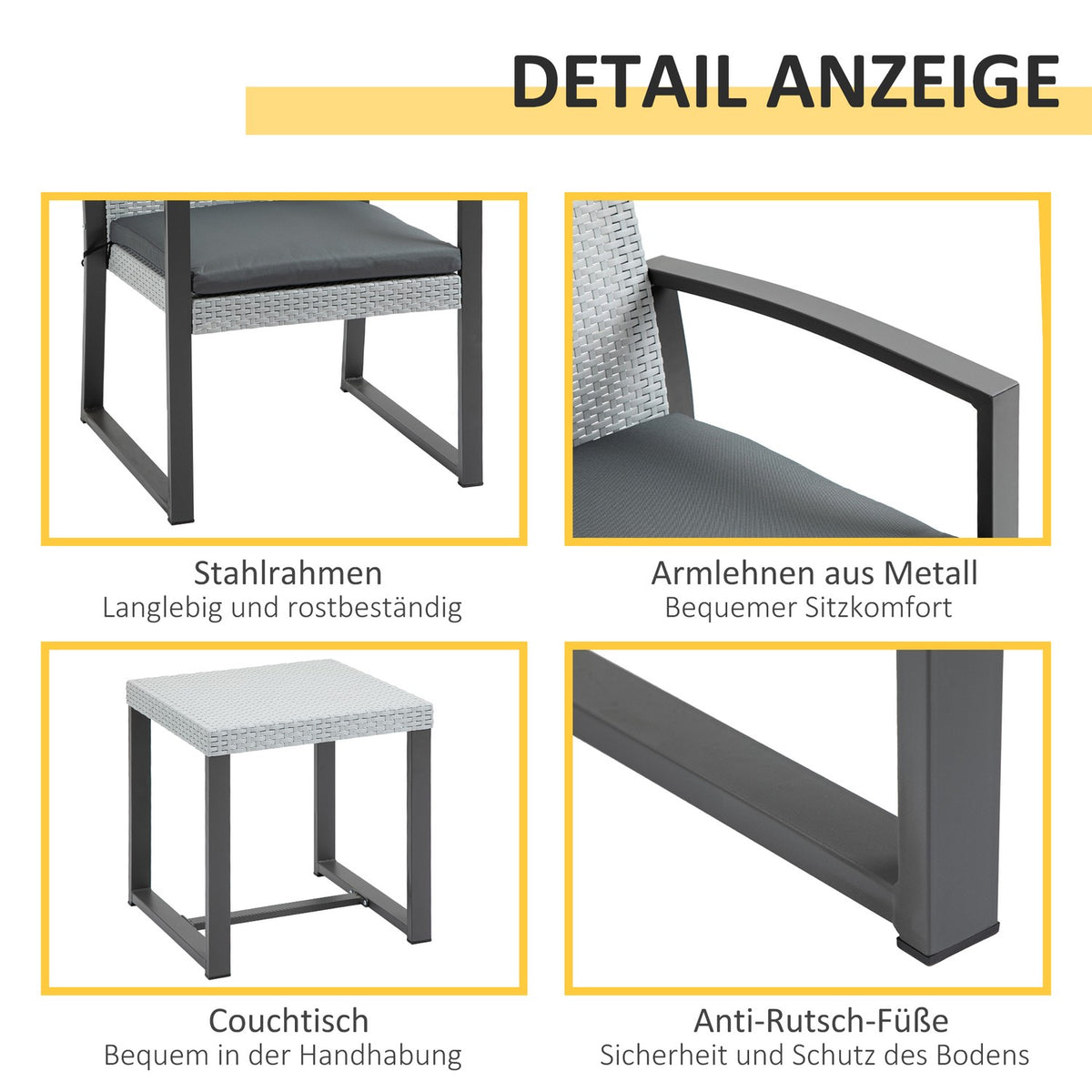 Balcony Furniture Set Garden Seating Group Side Table Seat Cushion Steel Black + Gray