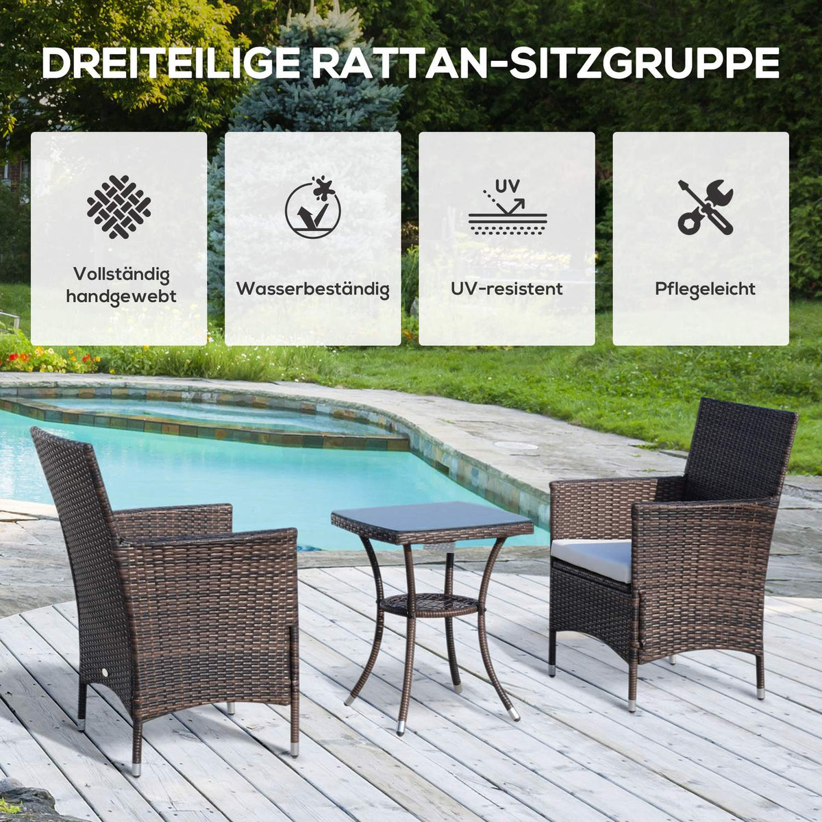 Balcony Furniture Set Seat Cushion Brown 60X58.5X89.5Cm Folding Rattan Bistro Set