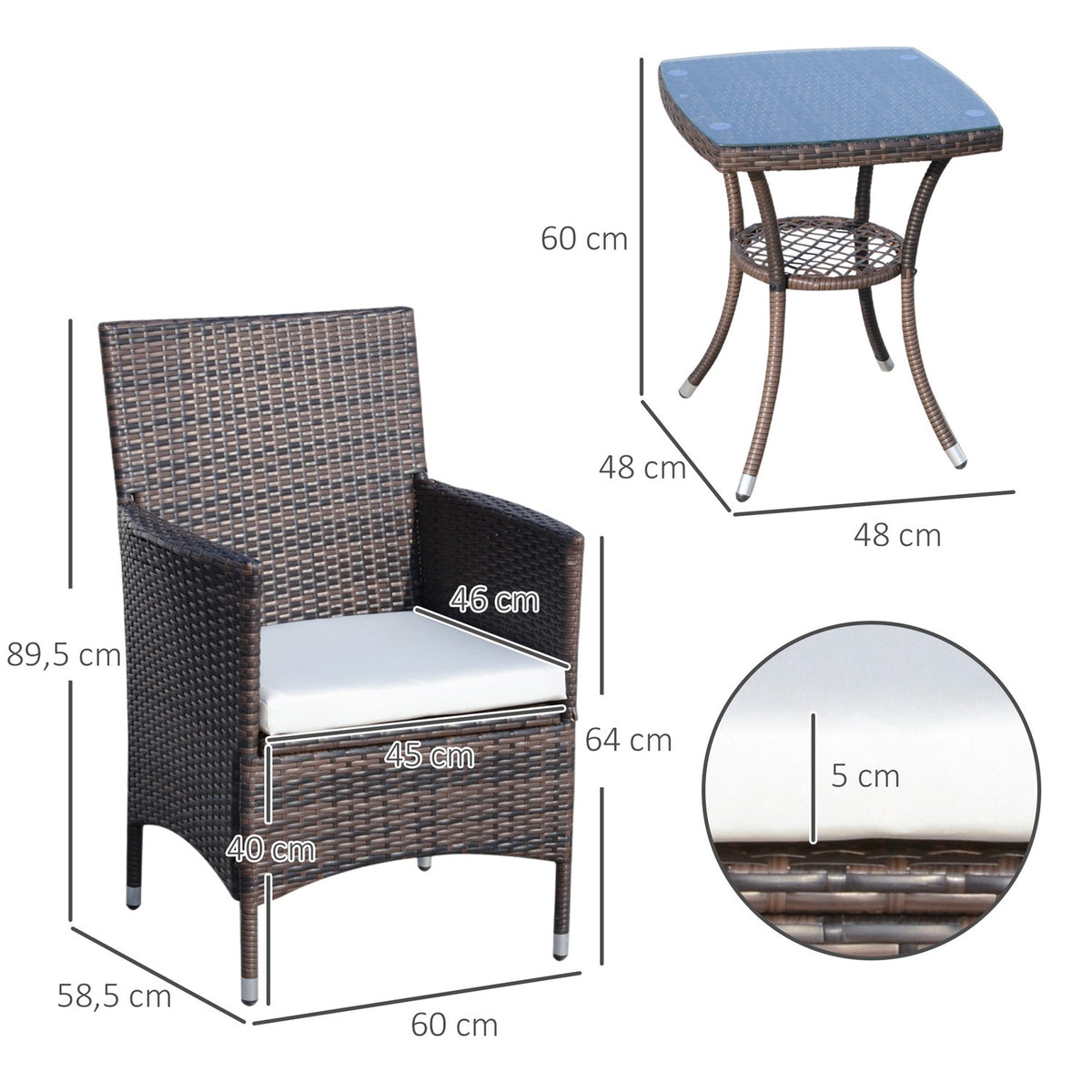 Balcony Furniture Set Seat Cushion Brown 60X58.5X89.5Cm Folding Rattan Bistro Set