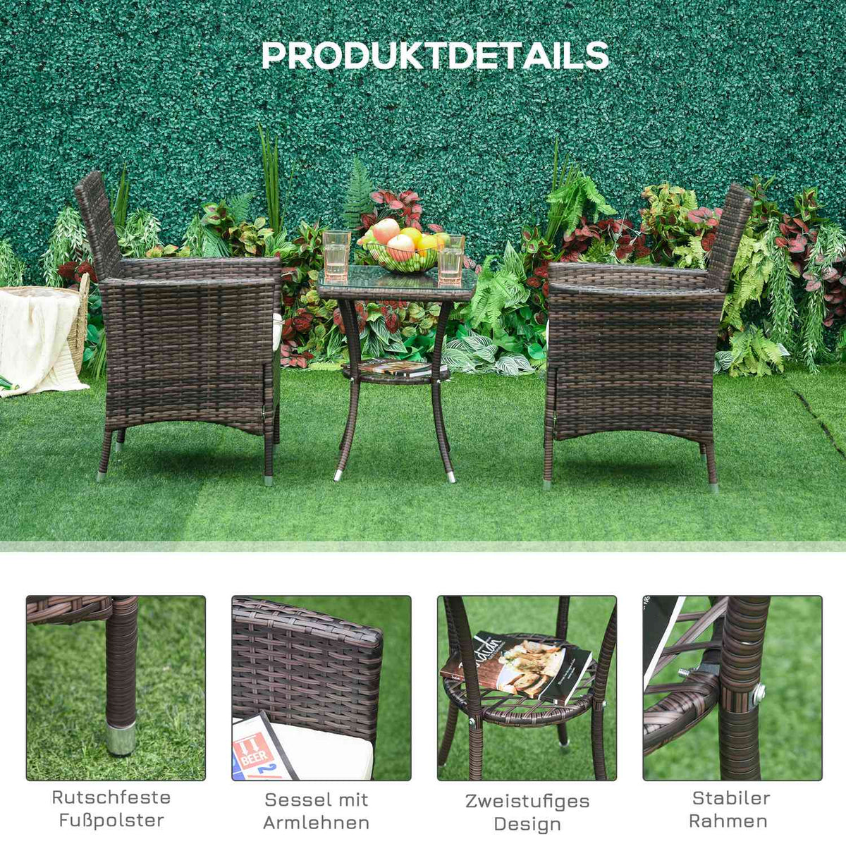 Balcony Furniture Set Seat Cushion Brown 60X58.5X89.5Cm Folding Rattan Bistro Set