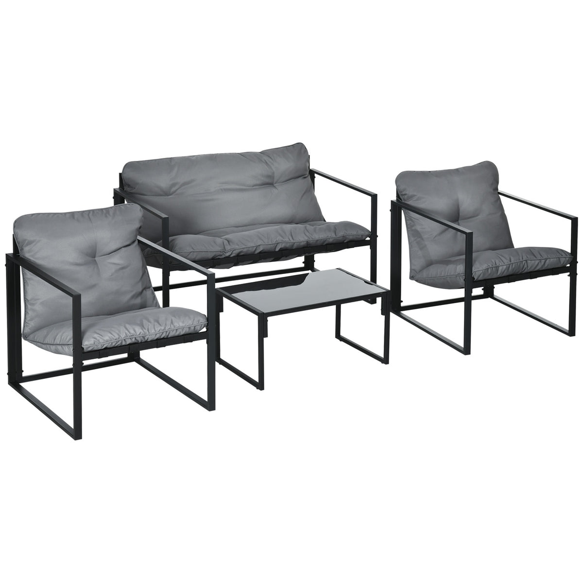 Balcony Furniture With Seat Cushions, Garden Lounge Set, Double Sofa, 2 Armchairs, Coffee Table, Grey+Black