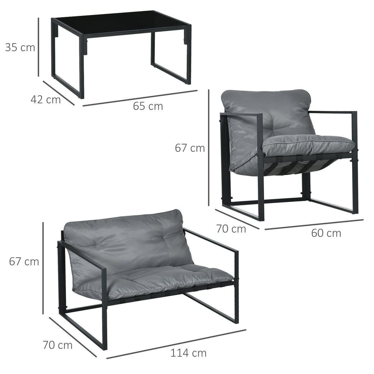 Balcony Furniture With Seat Cushions, Garden Lounge Set, Double Sofa, 2 Armchairs, Coffee Table, Grey+Black