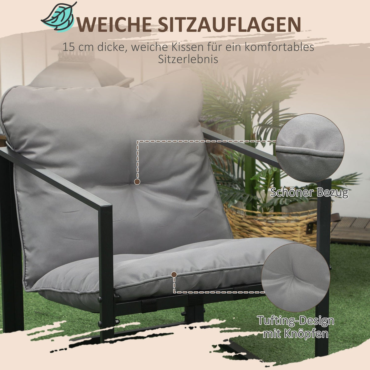 Balcony Furniture With Seat Cushions, Garden Lounge Set, Double Sofa, 2 Armchairs, Coffee Table, Grey+Black