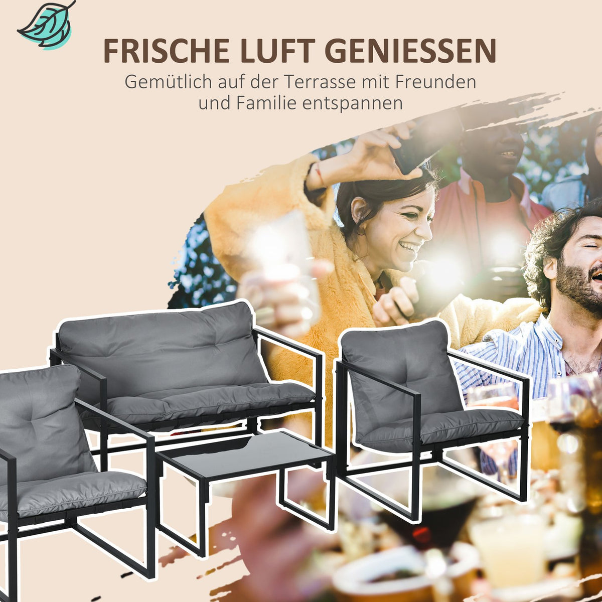 Balcony Furniture With Seat Cushions, Garden Lounge Set, Double Sofa, 2 Armchairs, Coffee Table, Grey+Black