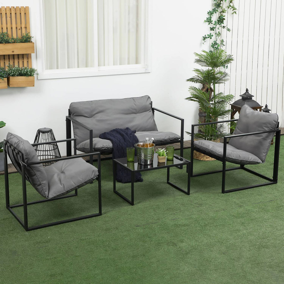 Balcony Furniture With Seat Cushions, Garden Lounge Set, Double Sofa, 2 Armchairs, Coffee Table, Grey+Black