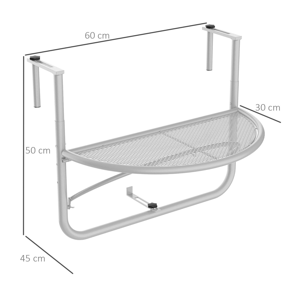 Balcony Hanging Table Hanging Table Garden Table Height-Adjustable Semicircular Ø30 Cm Terrace Metal White L60 X W45 X H50 Cm
