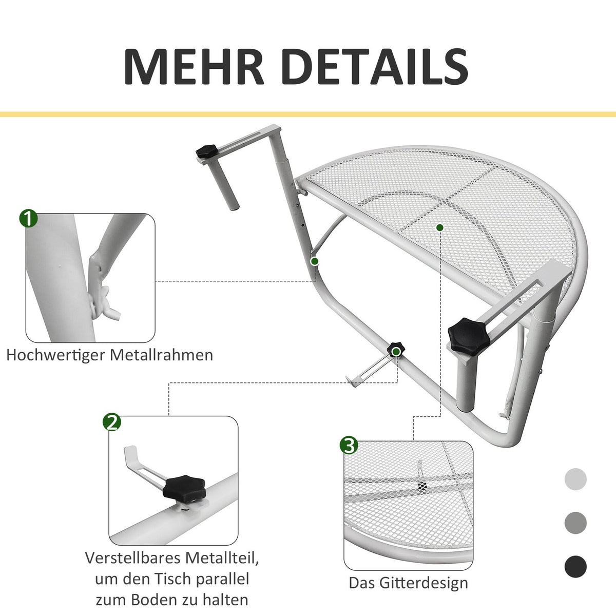 Balcony Hanging Table Hanging Table Garden Table Height-Adjustable Semicircular Ø30 Cm Terrace Metal White L60 X W45 X H50 Cm