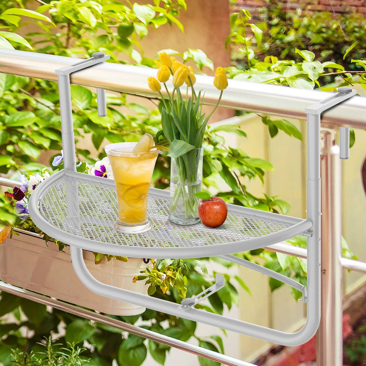 Balcony Hanging Table Hanging Table Garden Table Height-Adjustable Semicircular Ø30 Cm Terrace Metal White L60 X W45 X H50 Cm