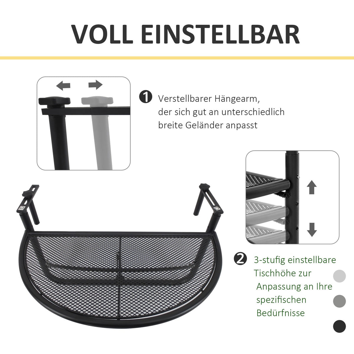 Balcony Hanging Table Height-Adjustable Half-Round Metal Ø30Cm