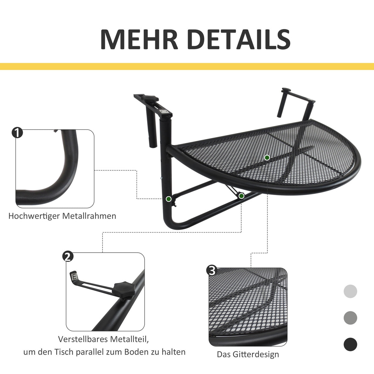 Balcony Hanging Table Height-Adjustable Half-Round Metal Ø30Cm