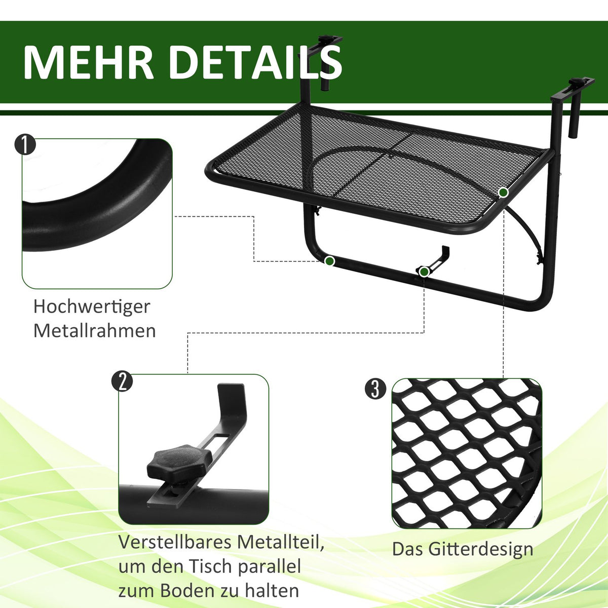 Balcony Hanging Table Height Adjustable Square Metal Black L60Xw56.5Xh45Cm
