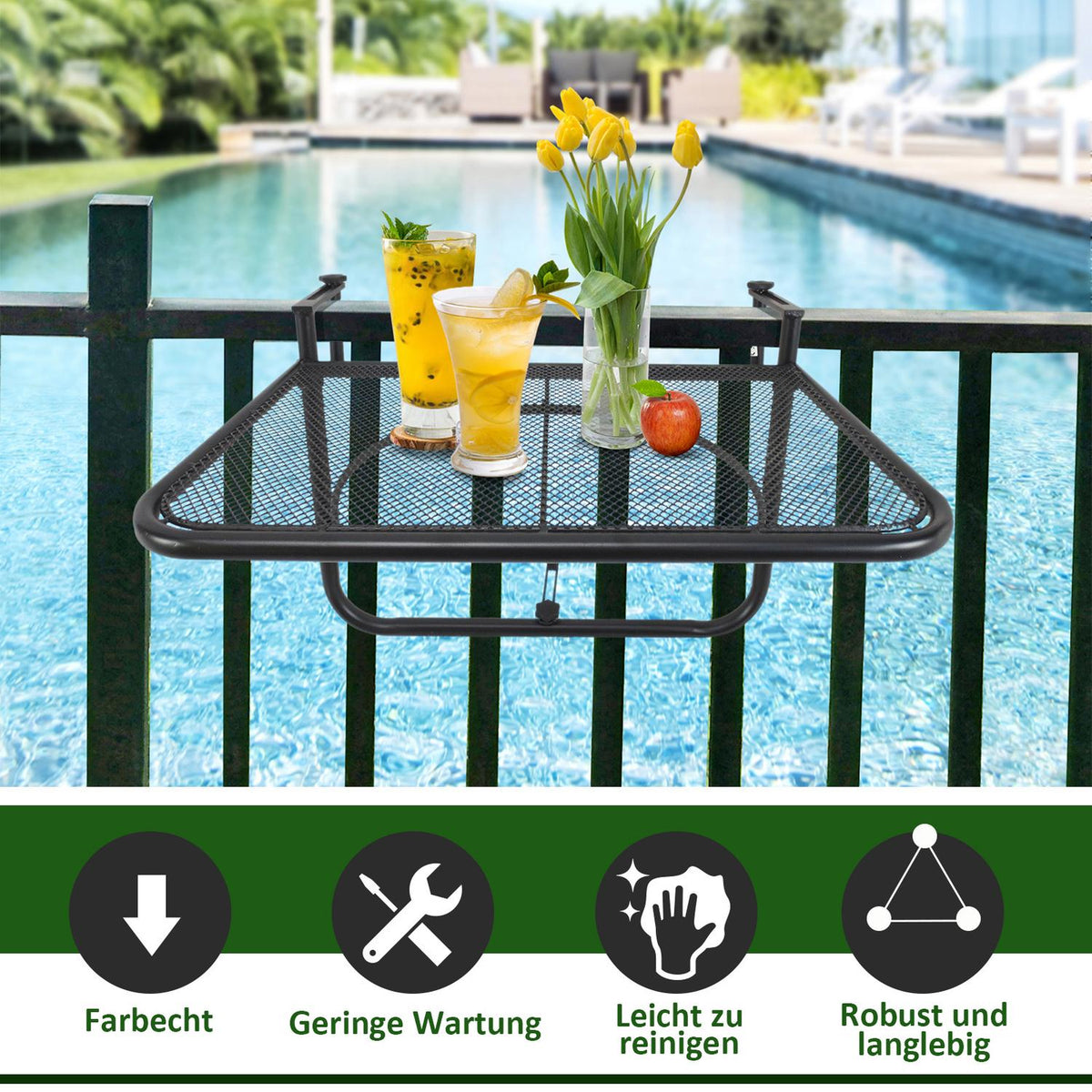 Balcony Hanging Table Height Adjustable Square Metal Black L60Xw56.5Xh45Cm