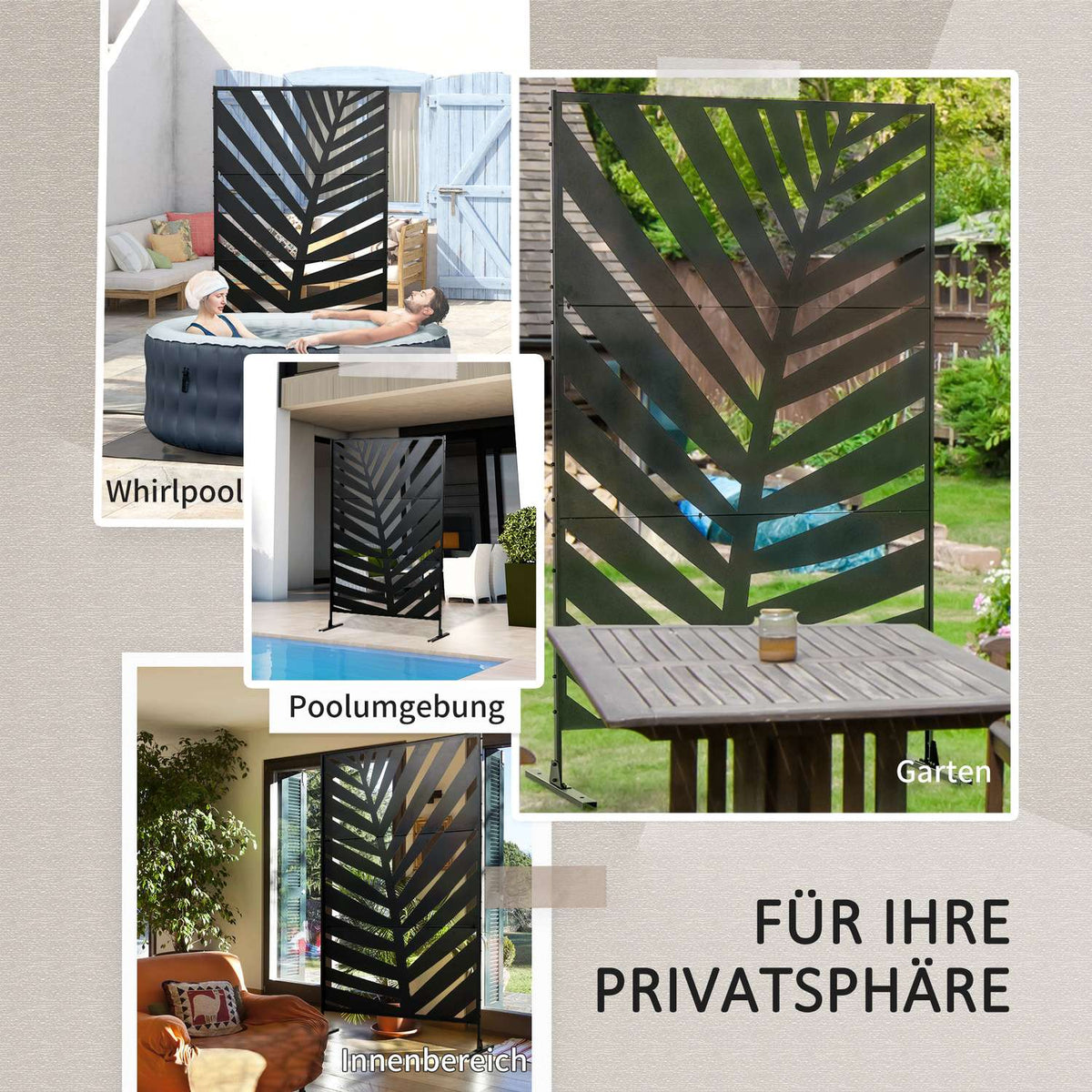 Balcony Privacy Screen Room Divider With Banana Leaf Pattern, 122X198Cm, Steel Black, For Garden & Patio