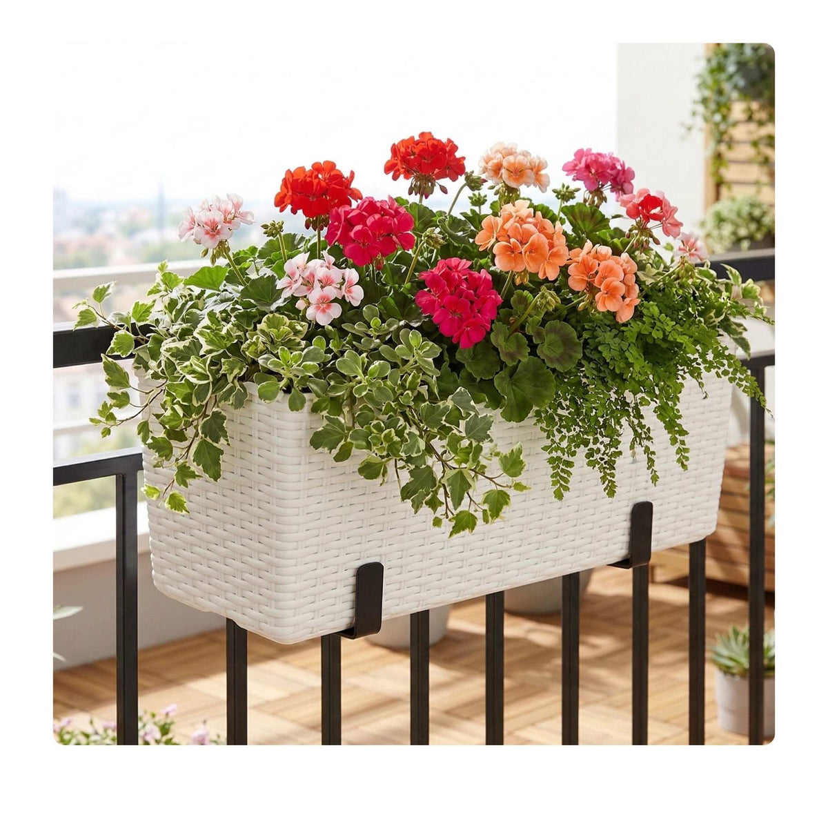 Balcony Rattan Planter with Water Level Indicator, White