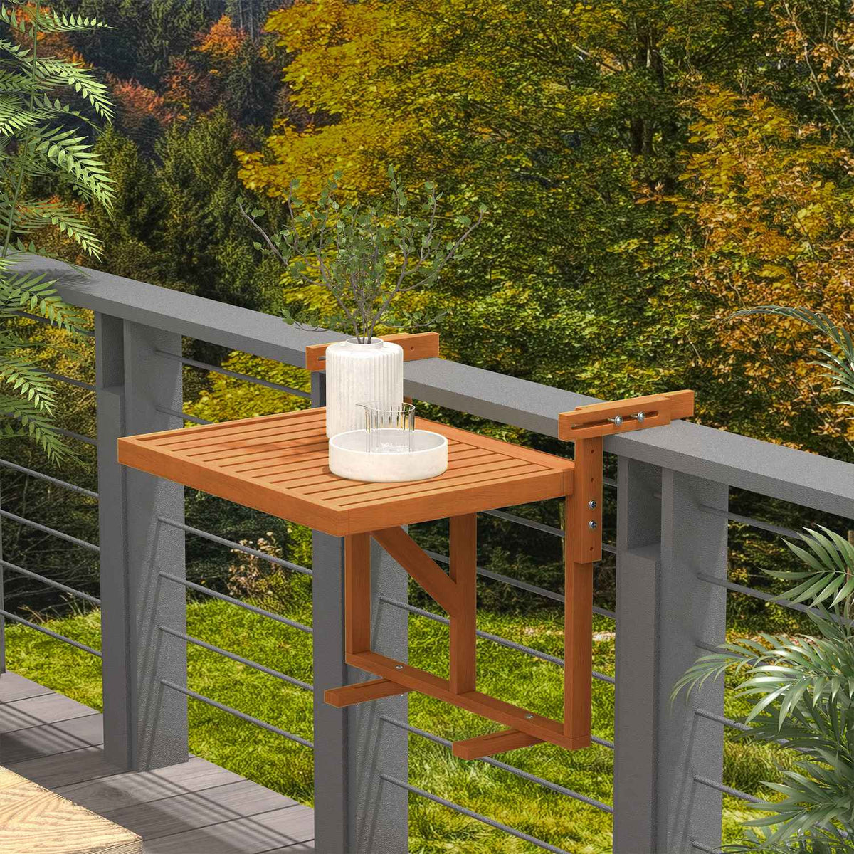 Balcony Table For Hanging, Foldable Balcony Hanging Table, Height-Adjustable Hanging Table, Can Hold Up To 20 Kg, Pine, 68 X 65 Cm, Teak