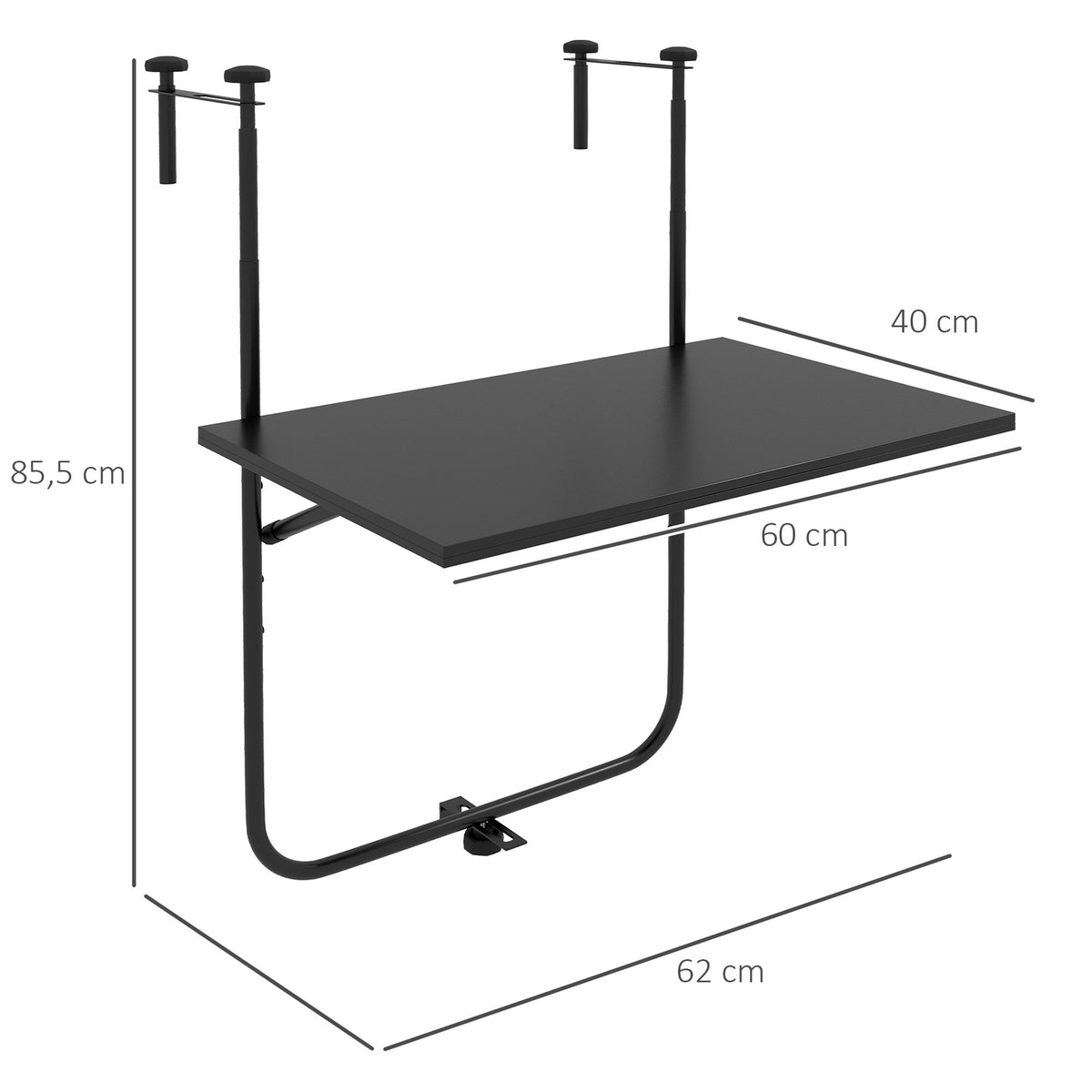 Balcony Table For Hanging, Folding Hanging Table, 3-Way Height Adjustable, Up To 15 Kg, 62X60 Cm, Black