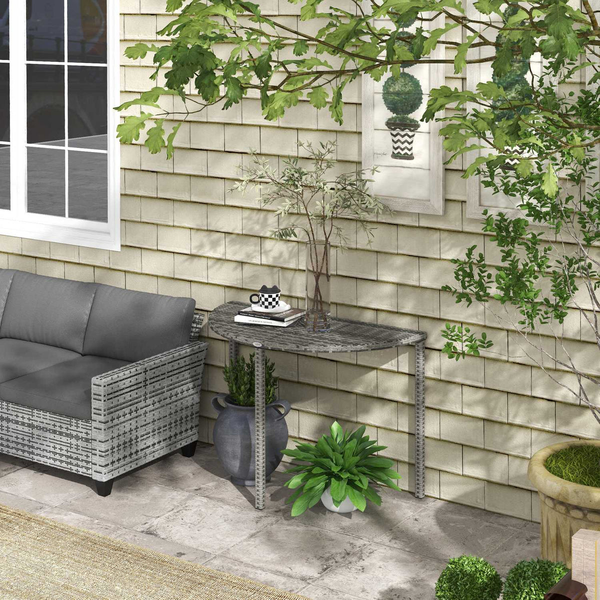 Balcony Table Garden Side Table Garden Furniture Half Round Polyrattan Metal Gray 100 X 50 X 74 Cm