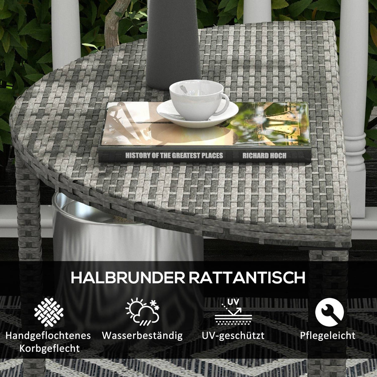 Balcony Table Garden Side Table Garden Furniture Half Round Polyrattan Metal Gray 100 X 50 X 74 Cm