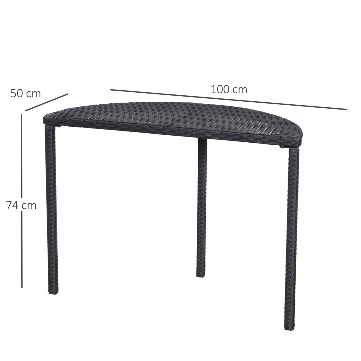 Balcony Table Half Round Garden Side Table Made Of Polyrattan And Metal, Black, 100 X 50 X 74 Cm
