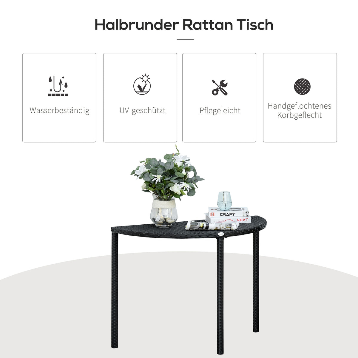 Balcony Table Half Round Garden Side Table Made Of Polyrattan And Metal, Black, 100 X 50 X 74 Cm