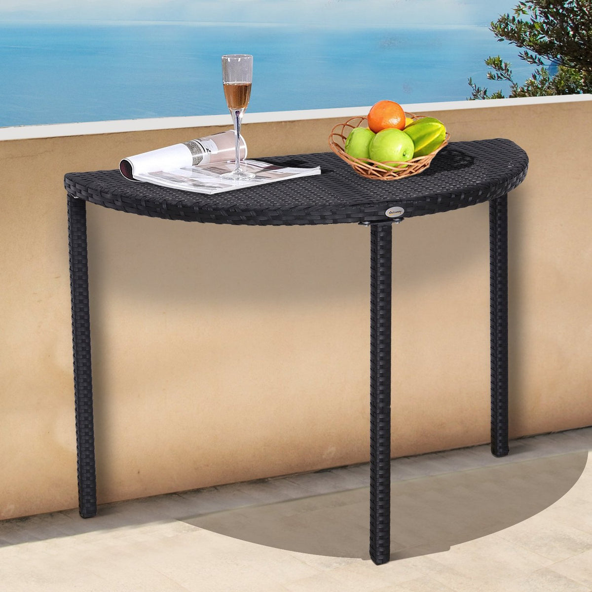 Balcony Table Half Round Garden Side Table Made Of Polyrattan And Metal, Black, 100 X 50 X 74 Cm