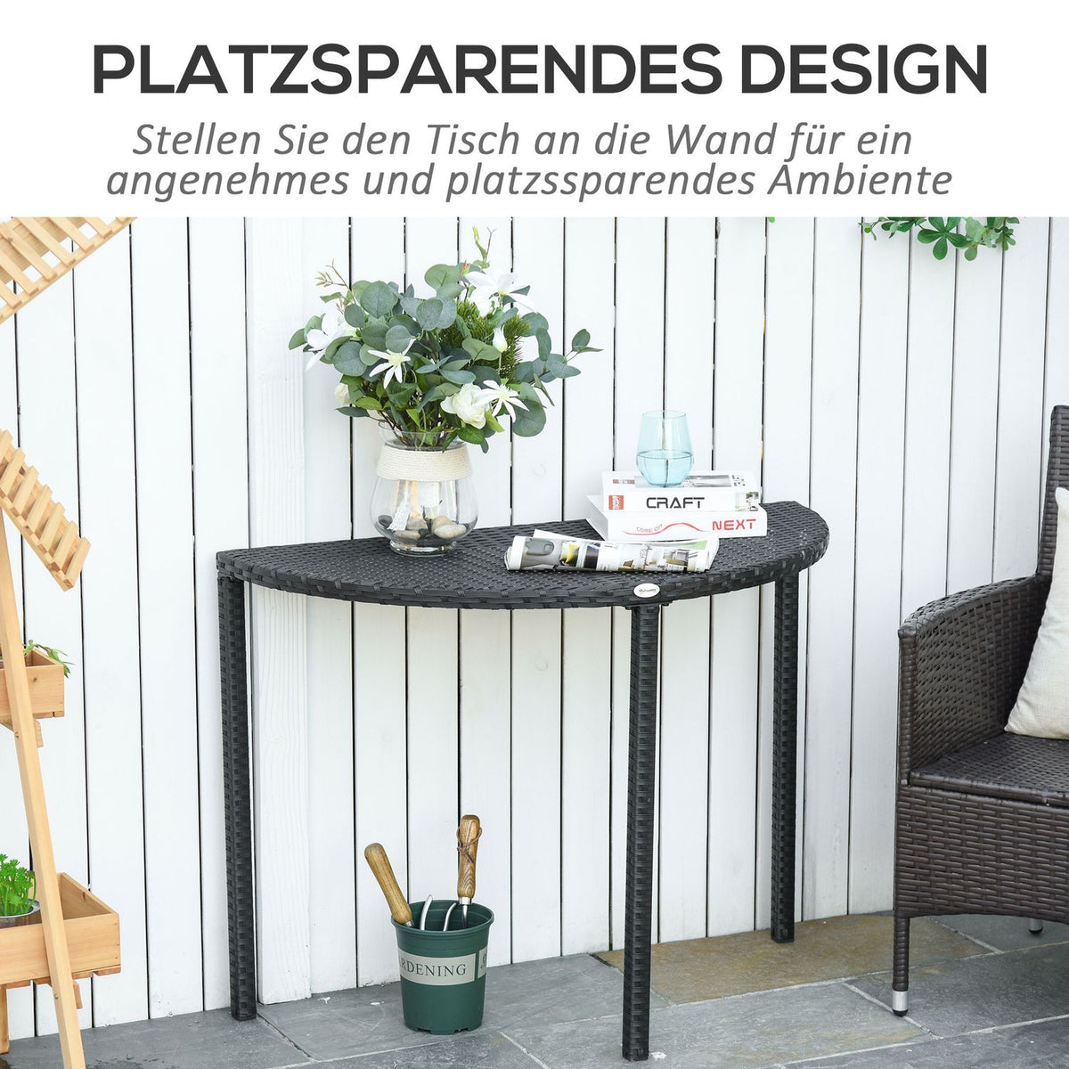 Balcony Table Half Round Garden Side Table Made Of Polyrattan And Metal, Black, 100 X 50 X 74 Cm