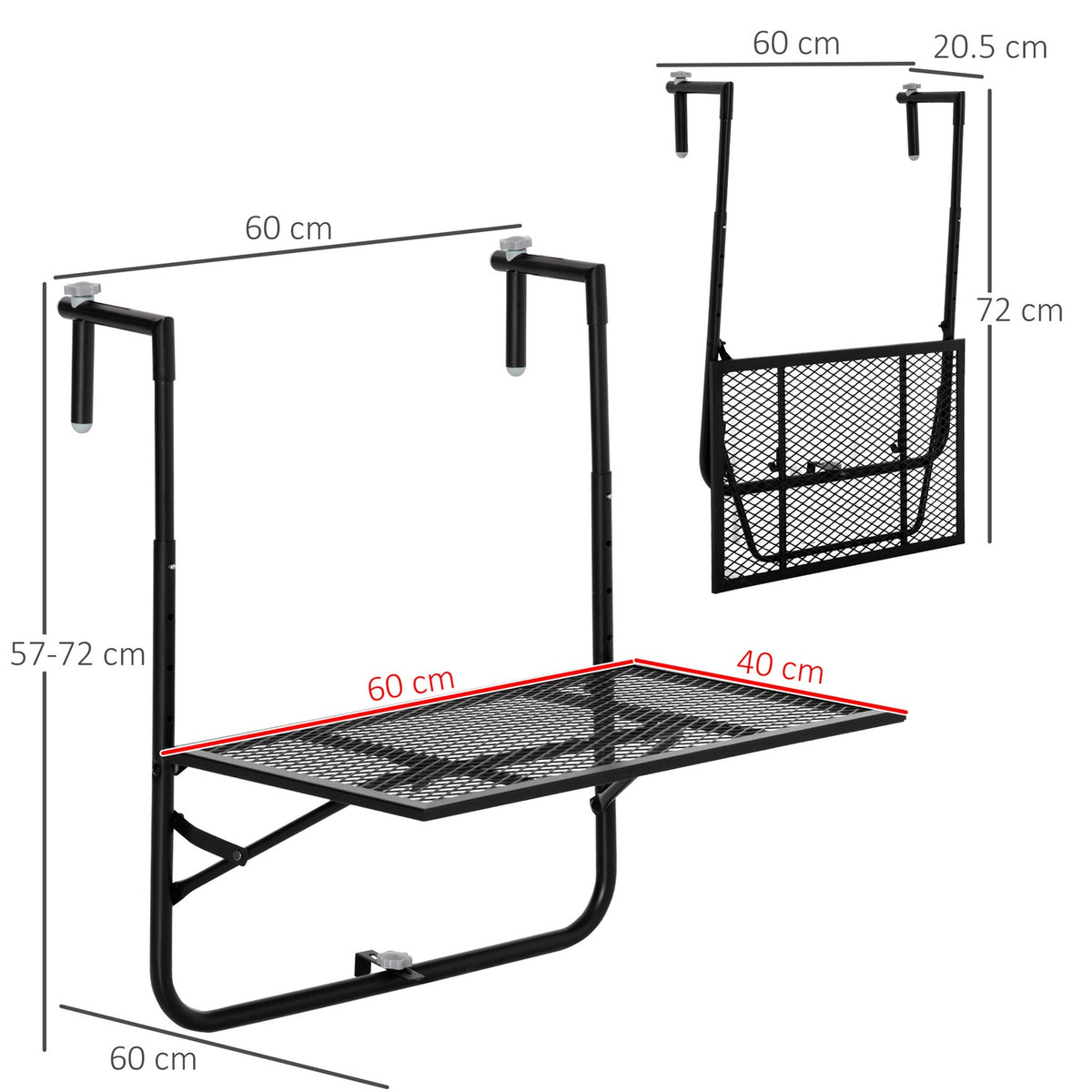 Balcony hanging table foldable 4-way height-adjustable hanging table made of metal weatherproof balcony table side table folding table for balcony and terrace railings table for hanging 60x40 cm black