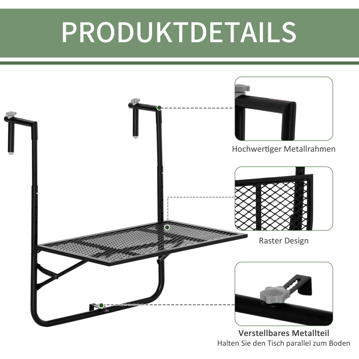 Balcony hanging table foldable 4-way height-adjustable hanging table made of metal weatherproof balcony table side table folding table for balcony and terrace railings table for hanging 60x40 cm black