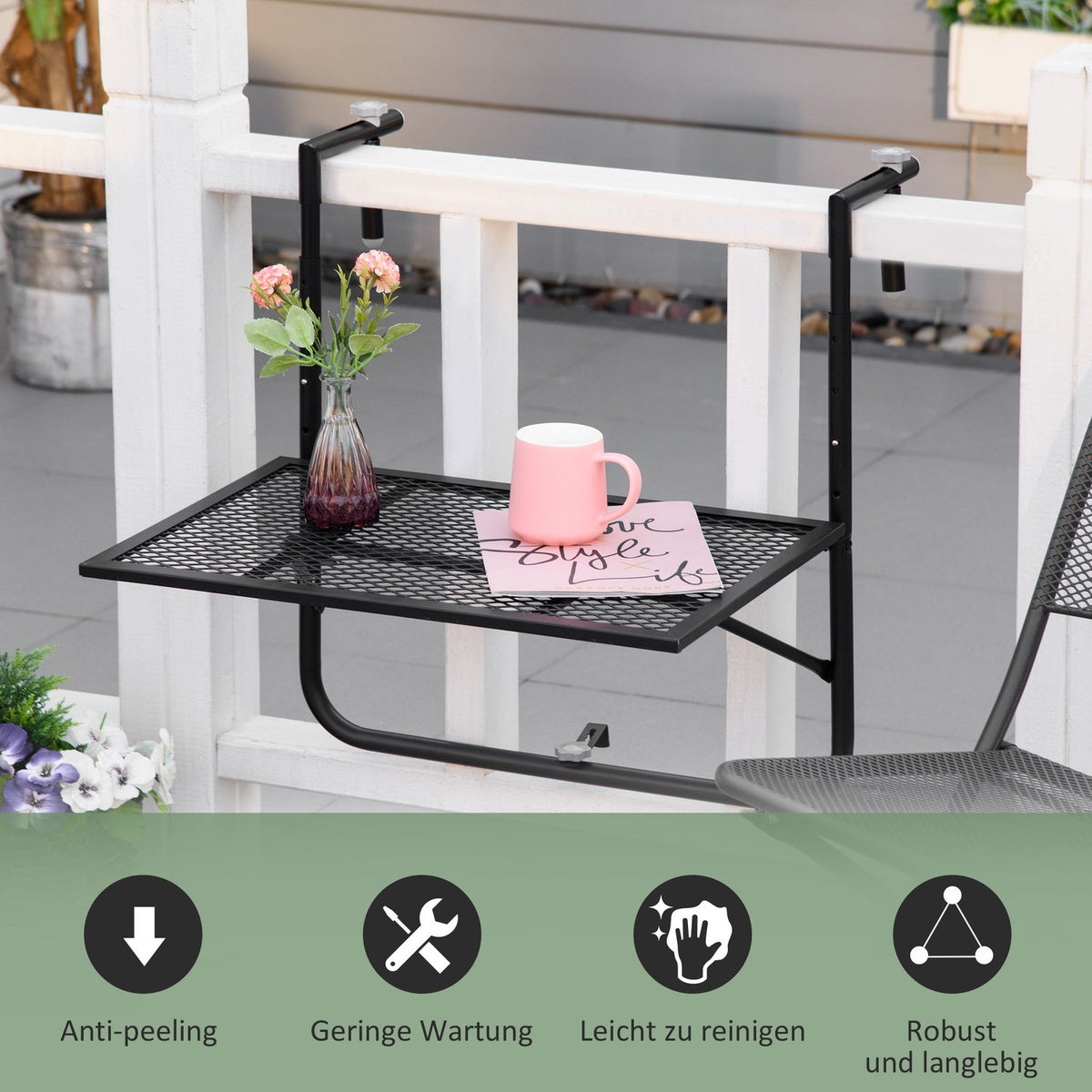 Balcony hanging table foldable 4-way height-adjustable hanging table made of metal weatherproof balcony table side table folding table for balcony and terrace railings table for hanging 60x40 cm black