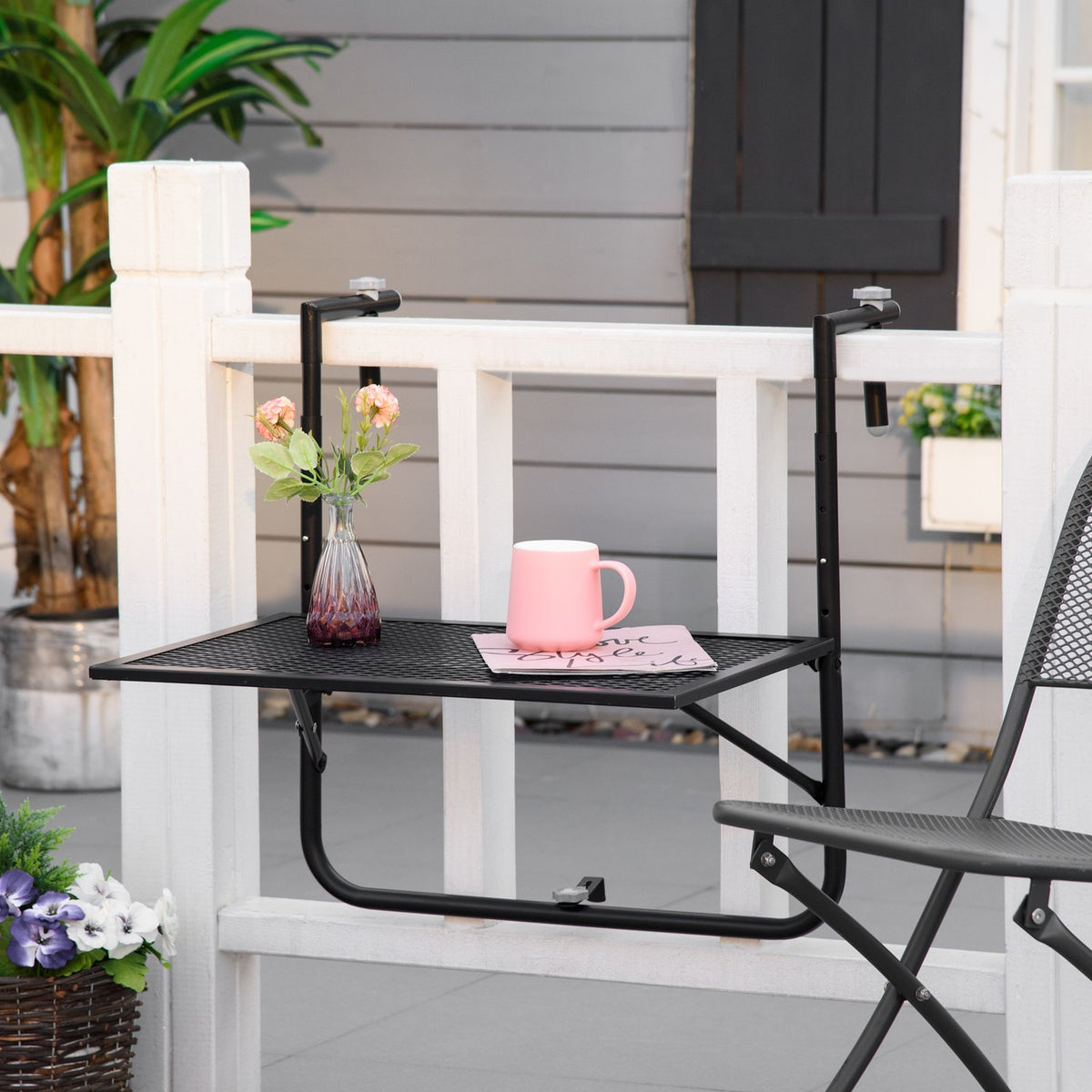 Balcony hanging table foldable 4-way height-adjustable hanging table made of metal weatherproof balcony table side table folding table for balcony and terrace railings table for hanging 60x40 cm black
