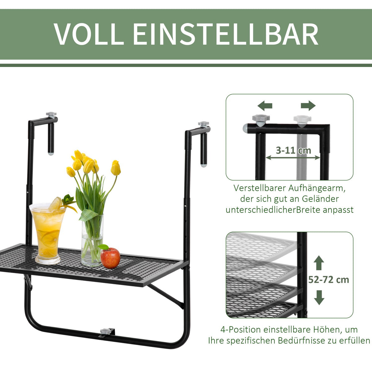 Balcony hanging table foldable 4-way height-adjustable hanging table made of metal weatherproof balcony table side table folding table for balcony and terrace railings table for hanging 60x40 cm black