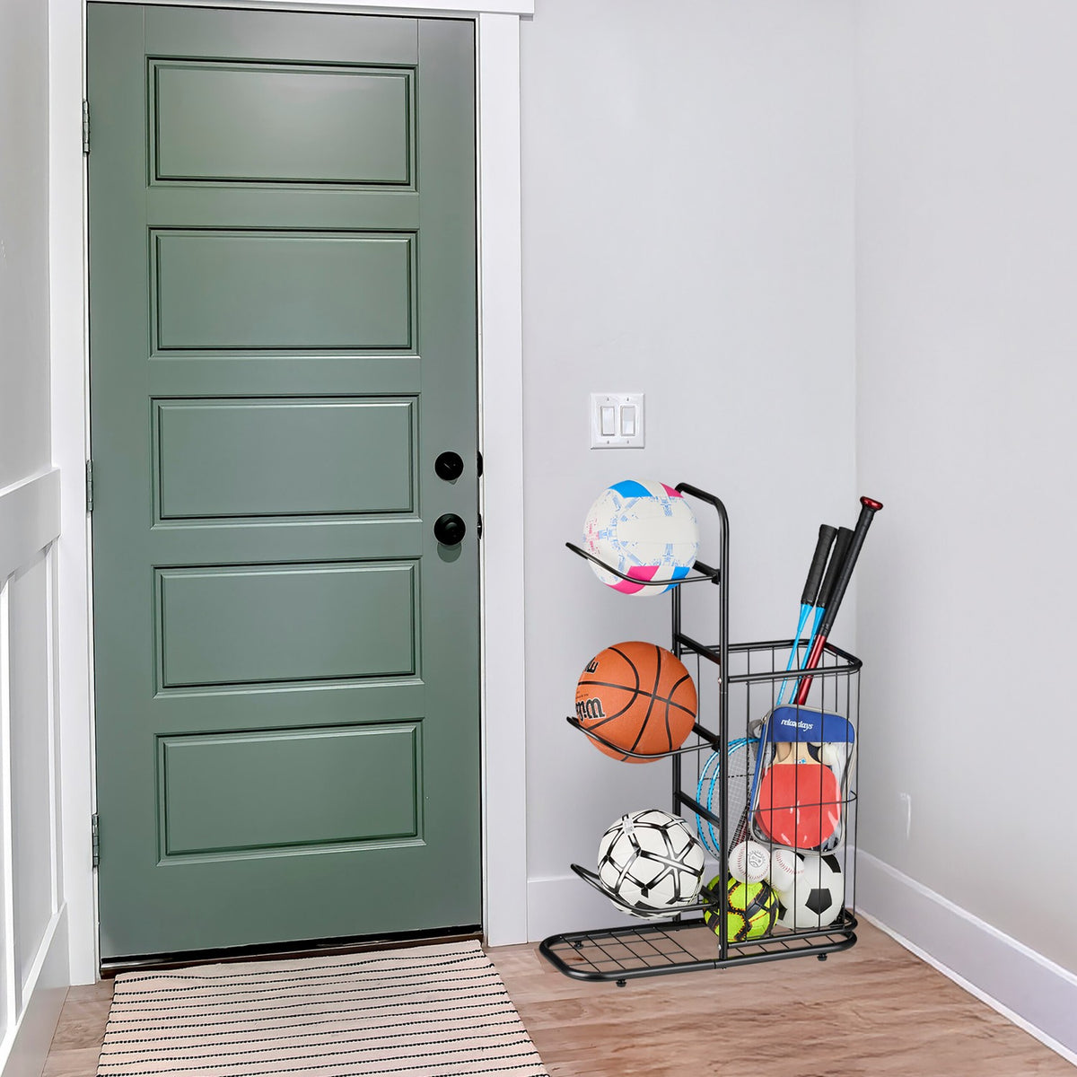 Ball Rack with 4 Shelves & Basket for Sports Equipment