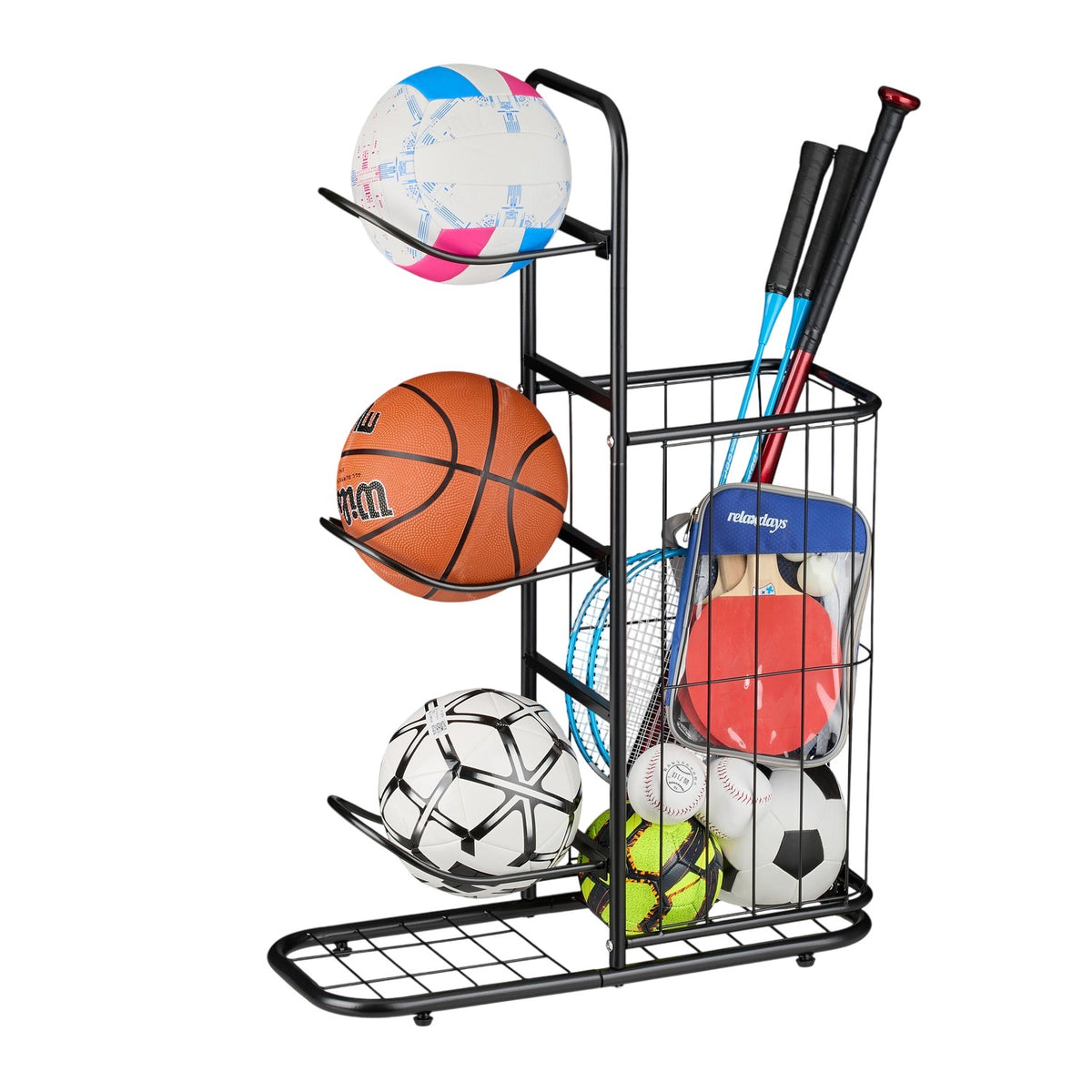 Ball Rack with 4 Shelves & Basket for Sports Equipment