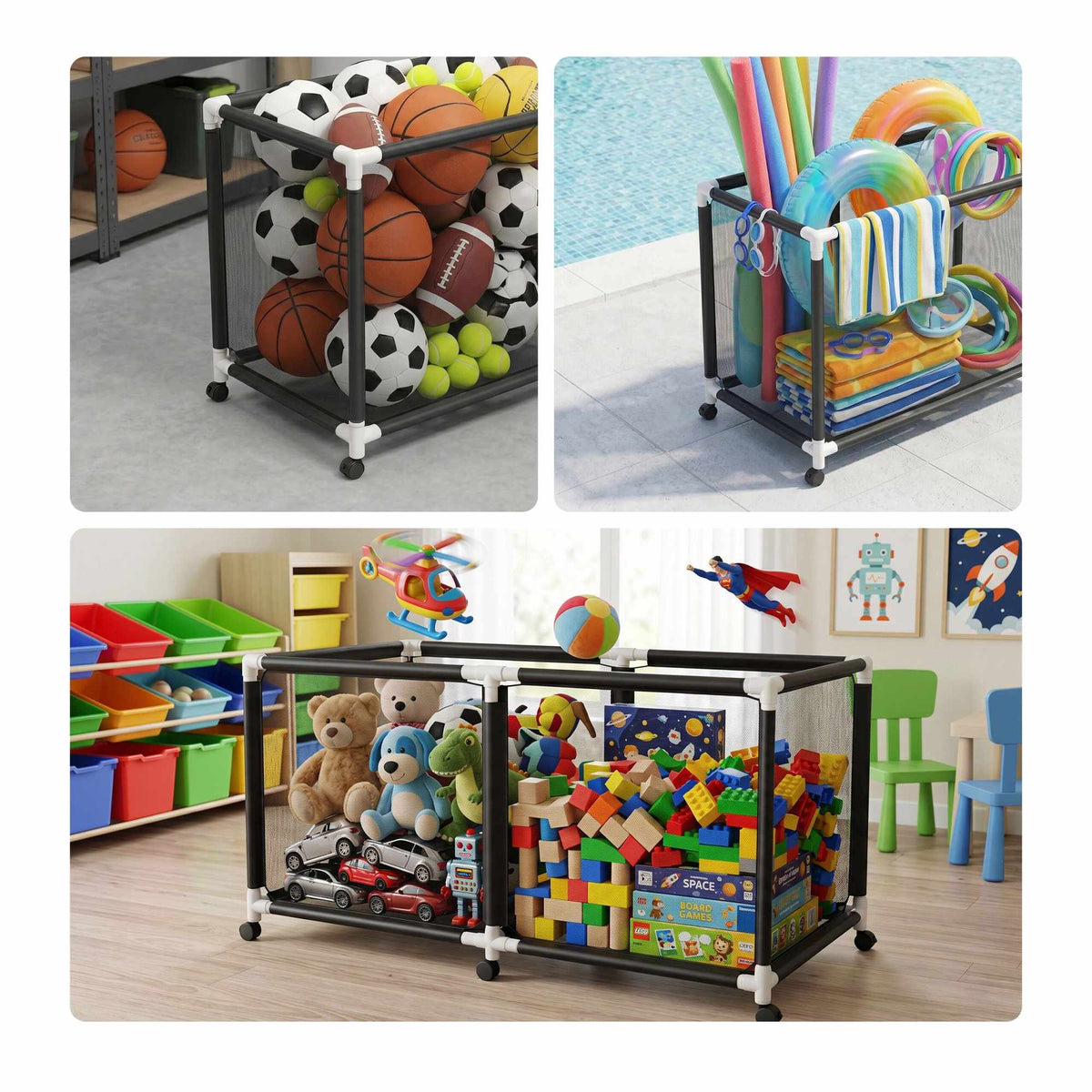 Ball Storage Cart, Mesh Basket, 4 Swivel Casters With Brakes