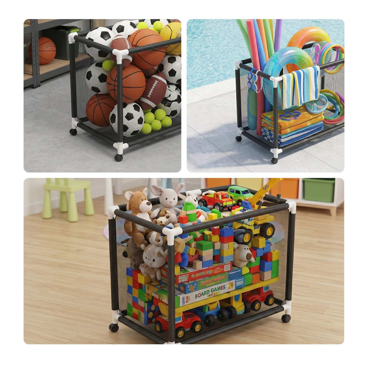 Ball Storage Cart, Mesh Basket, Swivel Casters With Brakes