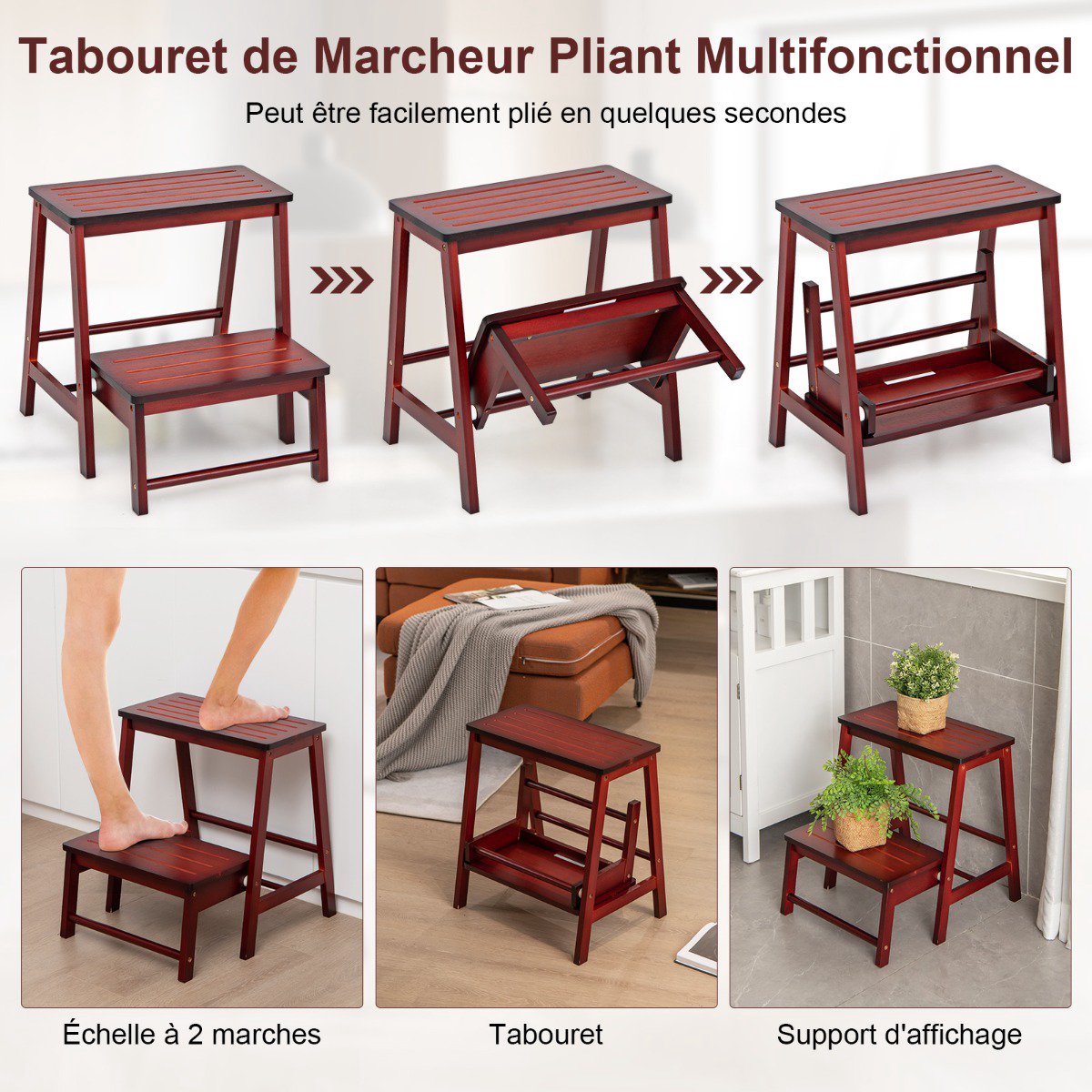 Bamboo 2-Step Folding Step Stool, Non-Slip, 100 kg Capacity
