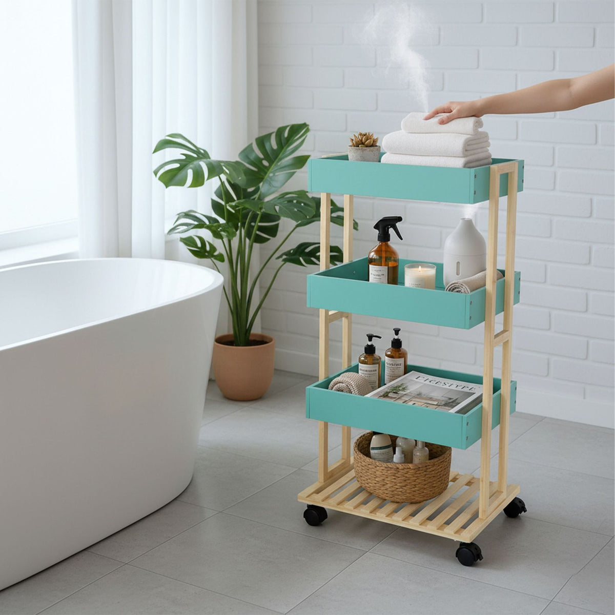 Bamboo 4-Tier Rolling Serving Trolley with Brakes