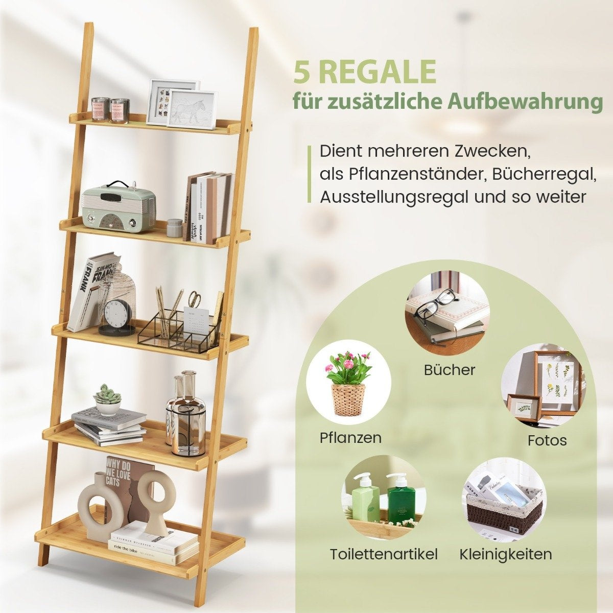 Bamboo 5-Tier Ladder Shelf with Anti-Tip, 65x36x183 cm