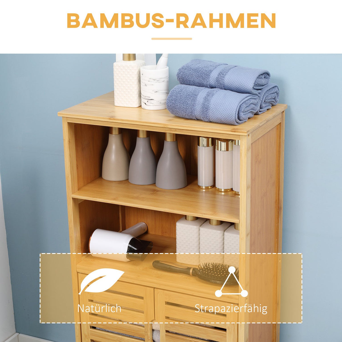Bamboo Bathroom Cabinet Base Cabinet With Slatted Doors, Anti-Tip, Country Style, Multi-Purpose Cabinet